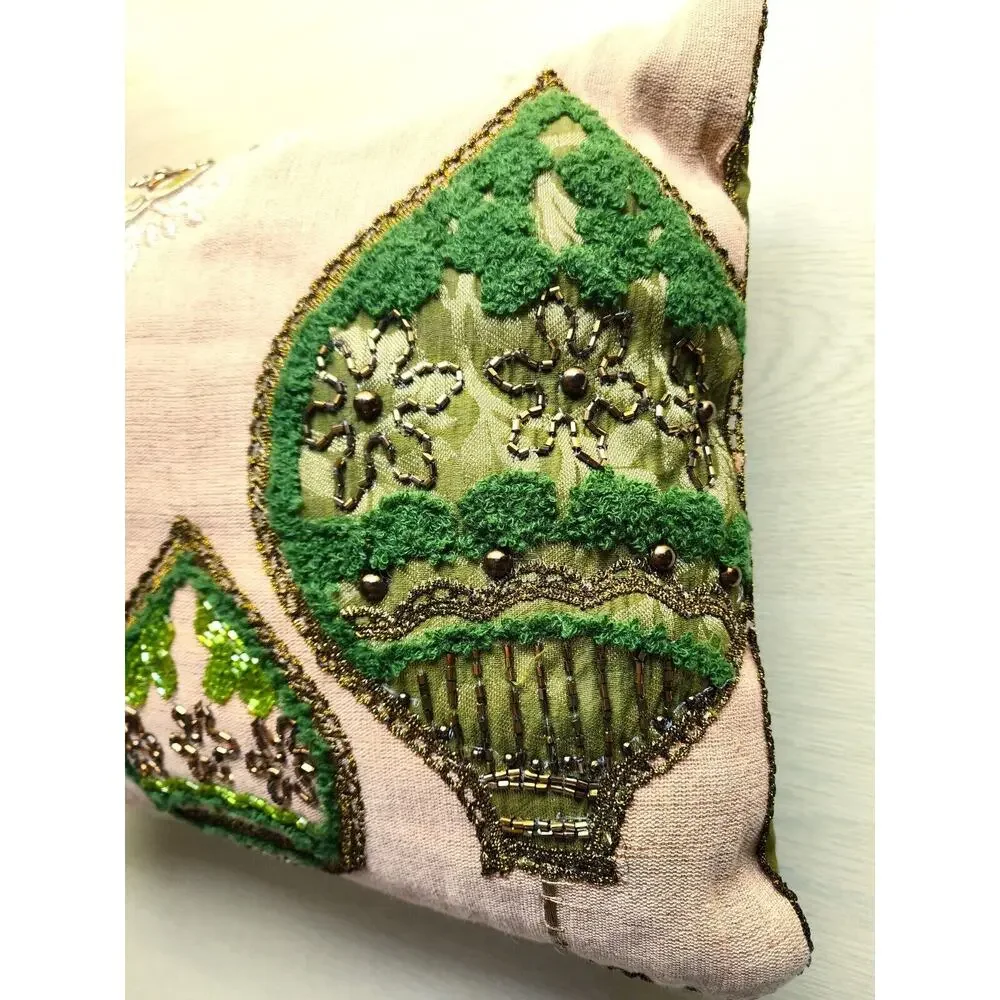 Pier 1 Beaded Embroidered Throw Pillow 16x12 Green Floral Accent Decor